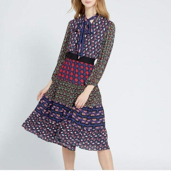 Alice + Olivia Karolina Mod Moon Tie Neck Blouson Sleeve Colorblock Midi Dress 6 - Picture 13 of 16